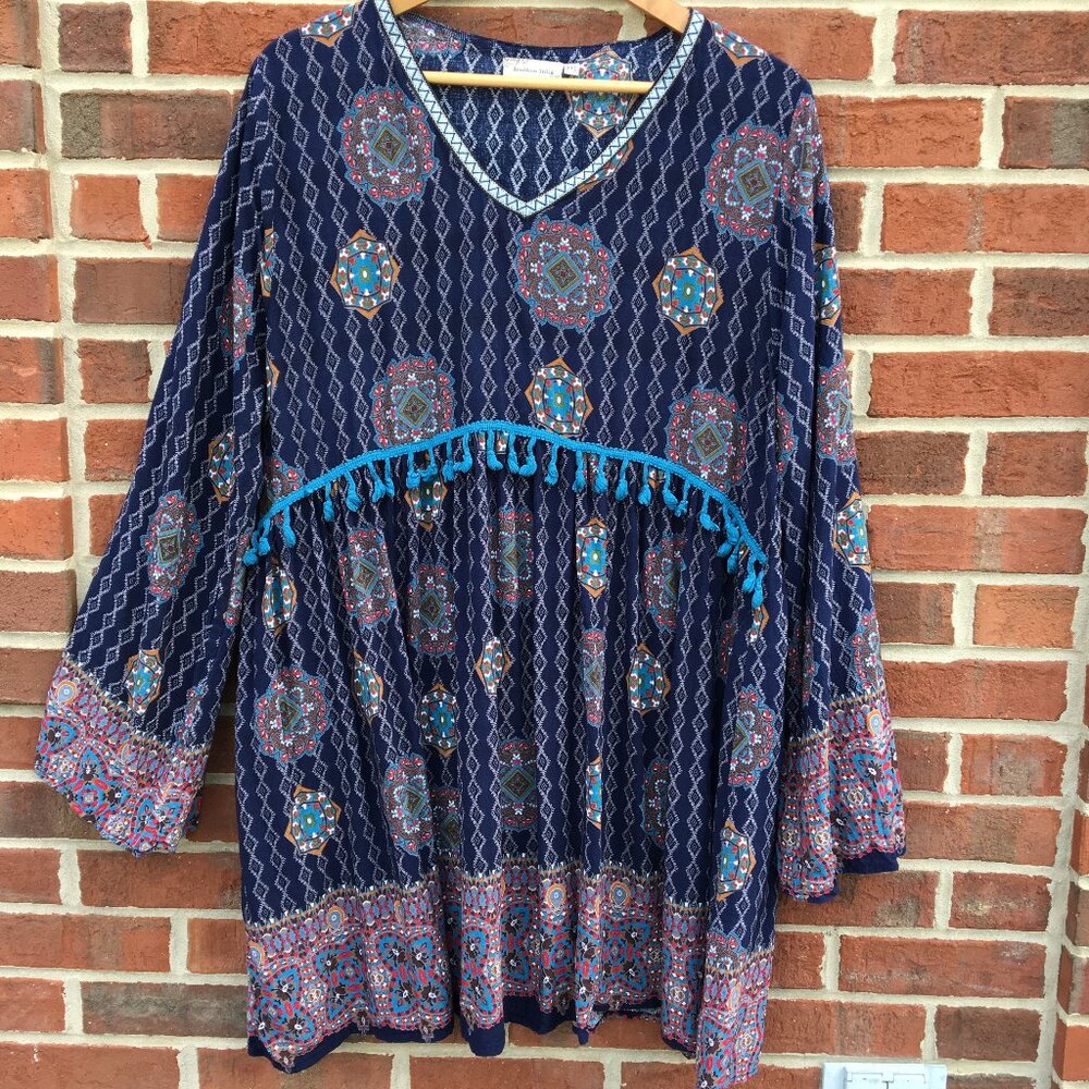 Boho Tunic Mini Dress Navy Print Tassels Flowy Southern Stitch Womens XXL